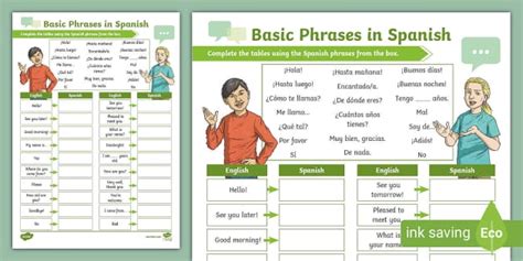 spanish basic phrases activity sheet teacher