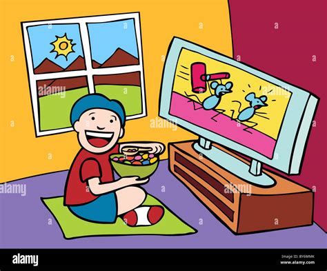 cartoon  child watching television stock photo alamy