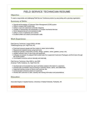 field service technician resume sample  format