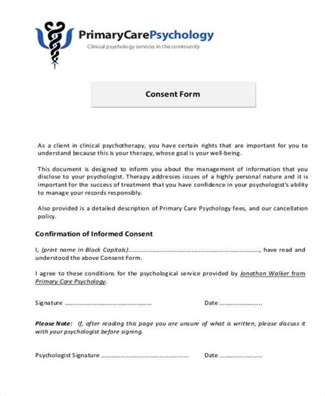 sample psychology consent forms   ms word