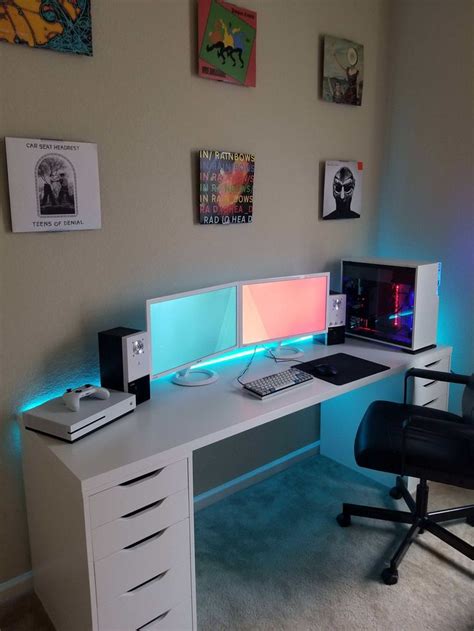 white dual monitor workspace minimalsetups video game room