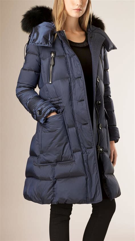 burberry  filled puffer coat  fox fur trim hood  blue lyst