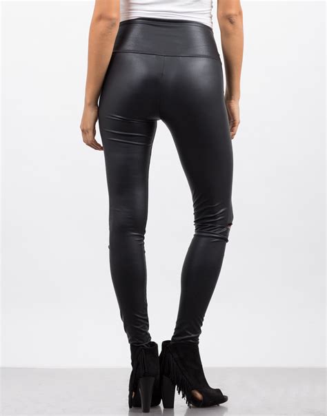 Ripped Knees Leather Leggings Black Faux Leather Leggings – 2020ave