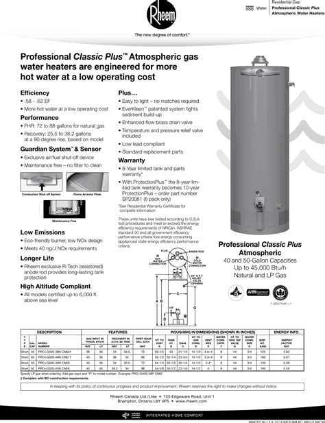 rheem professional classic  series atmospheric specification sheet