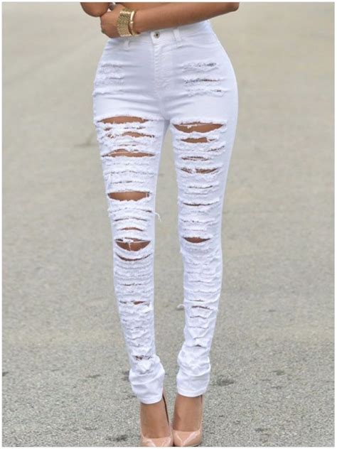 High Quality Women High Waist White Ripped Skinny Jeans