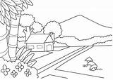 Mewarnai Pemandangan Menggambar Langkah Pedesaan Gunung Tebalkan Tambahkan Sebuah Rimbun Lalu Pepohonan Kedua sketch template