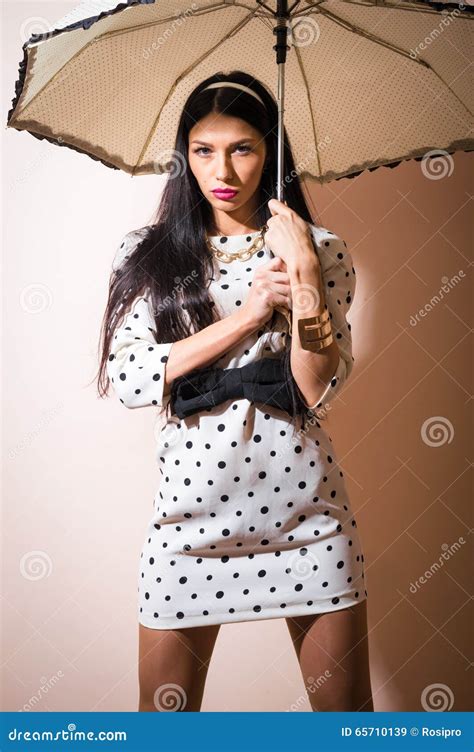 Young Happy Pinup Style Woman With Umbrella Stock Image Image Of