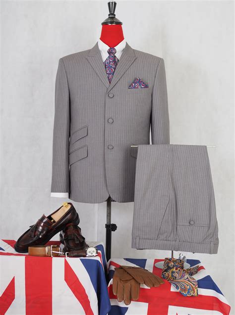 Mod Fashion Pinstripe Suit Bespoke Light Grey Mod Suit Of