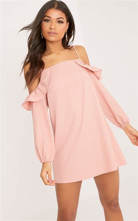 Felicia Dusty Pink Cold Shoulder Frill Detail Swing Dress