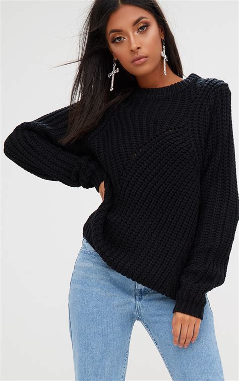 black chunky knit  neck sweater knitwear prettylittlething usa