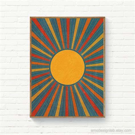 abstract sunburst print vintage sunburst wall decor red etsy