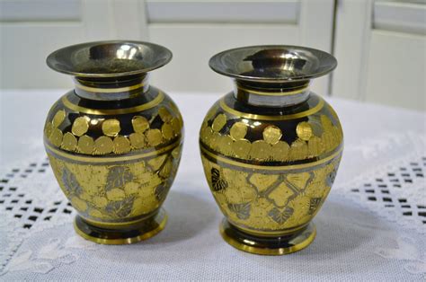 vintage black enamel and brass vase set of 2 leaf design home