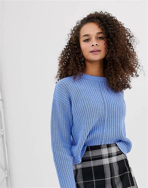 bershka trui met siernaad aan de voorkant  blauw asos