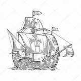 Caravel Columbus Schip Carabela Barco Ontwerpelement Overzeese Getrokken Drijven Golven Uitstekende Varend Dibujado Colón Blanco Galleon sketch template