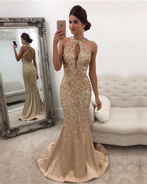 luxurious crystal beaded mermaid prom dresses halter open