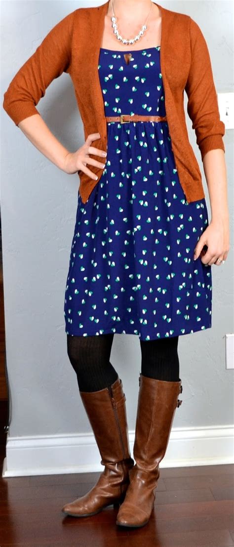 outfit post navy heart dress rust cardigan brown riding