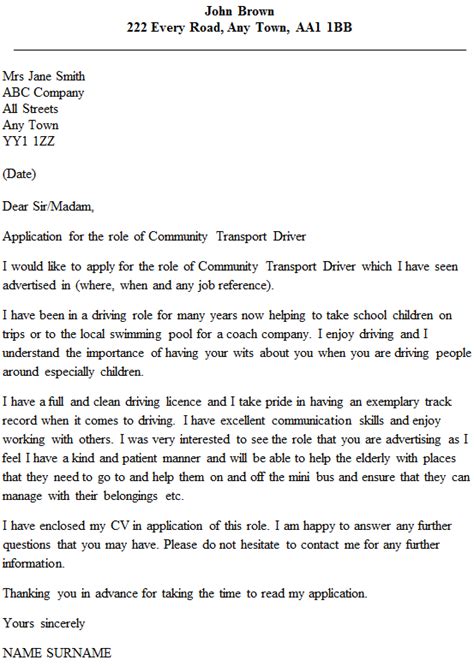 Community Transport Driver Cover Letter Example Uk
