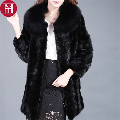 2017 brand women real natural mink fur coat with fox fur collar lady