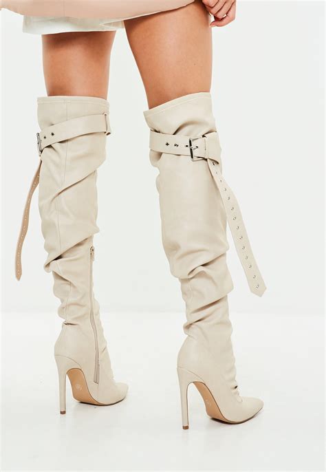 missguided beige belt buckle thigh high boots in natural lyst