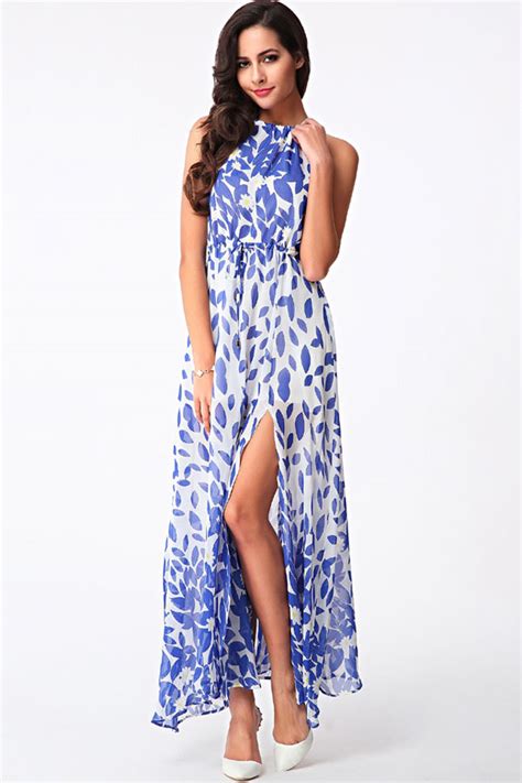 blue white chiffon floral print slit maxi dress 025625