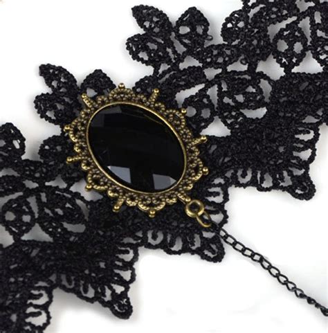 Gothic Vintage Retro Black Stone Lace Slave Hand Chain Rebelsmarket