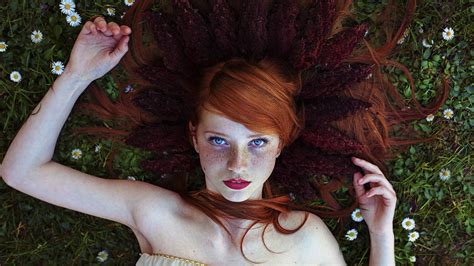 wallpaper face women outdoors redhead model flowers long hair blue eyes bare shoulders