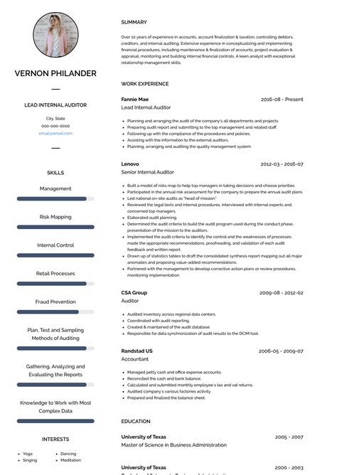 internal auditor resume samples  templates visualcv