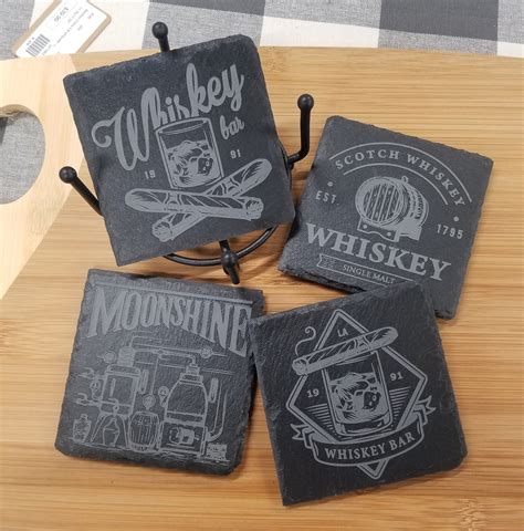 custom engraved slate coasters set    black metal stand whiskey theme moonshine cigars