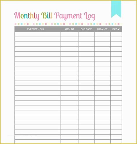 bill tracker template    printable monthly bill payment log