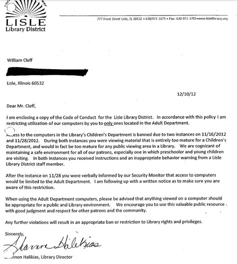 lisle library district letter  patron banning   childrens