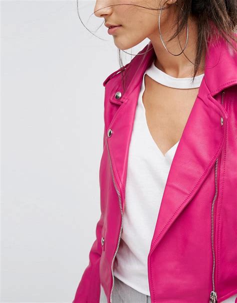 bershka leather  biker jacket  pink lyst