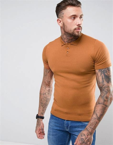 asos knitted muscle fit polo shirt  tan brown urban fashion mens fashion burton menswear