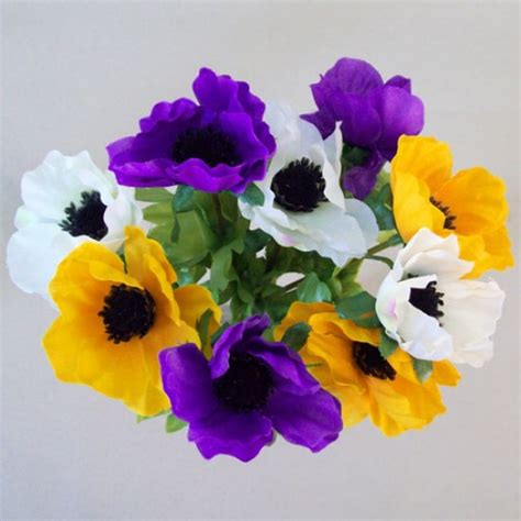 silk anemones posy purple yellow and white artificial