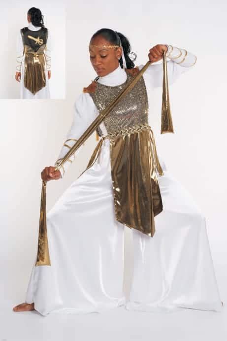 warfare gold sequin ephod wsword shield tassels rejoice dance ministry