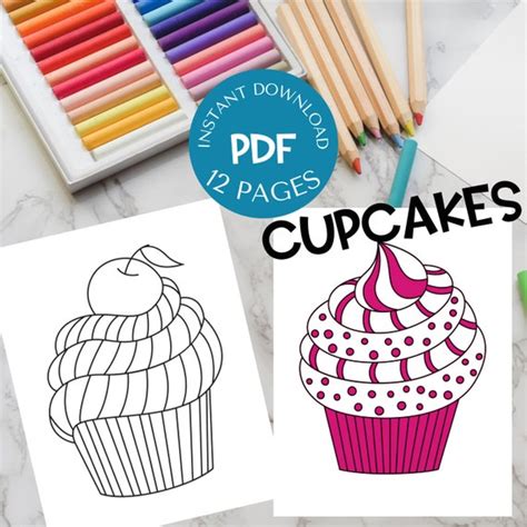 cupcake coloring pages pages  color instant  etsy