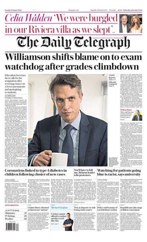 Daily Telegraph Front Page 18th Of August 2020 Tomorrow S Papers Today