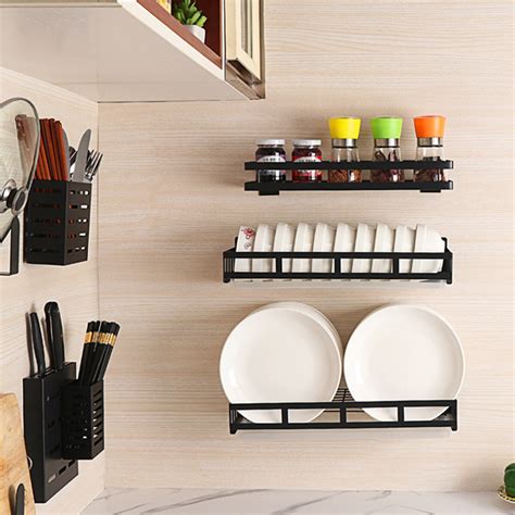 kitchen plate racks stainless steel shelf dishes bowl spice storage wall mounted storage shelves