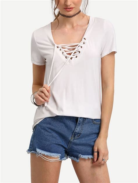 White Lace Up Front Short Sleeve T Shirt Shein Sheinside