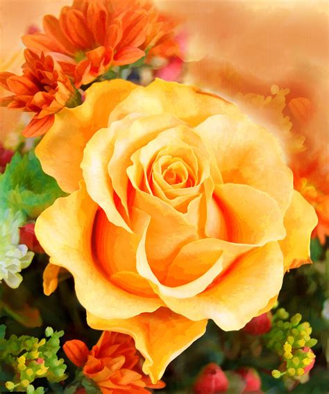 Water Color Yellow Rose With Orange Flower Accents Painting By Elaine