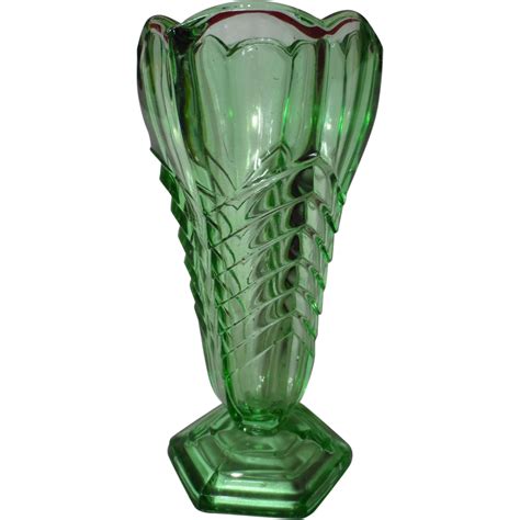 Davidson Art Deco Green Glass Chevron Vase From