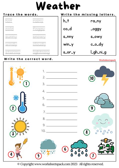 weather worksheets worksheetspack weather kindergarten number