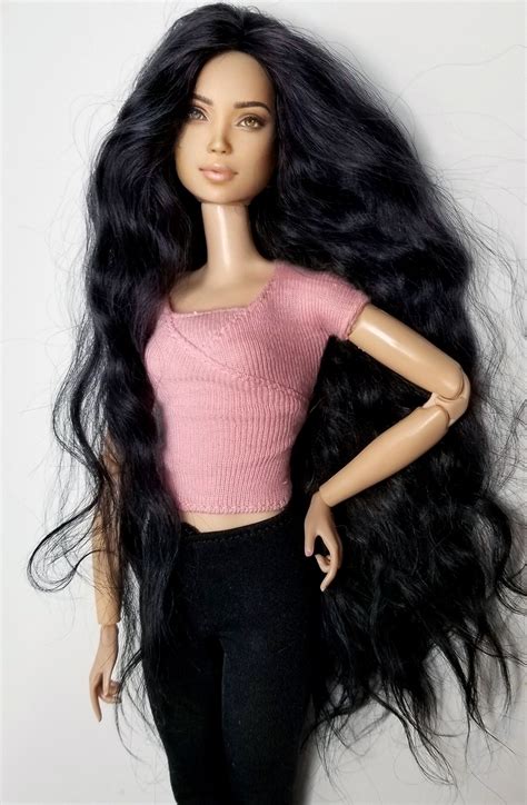 ooak custom barbie doll wearing  long black wig post glue head