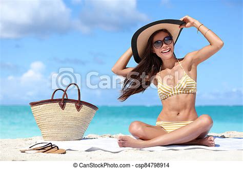 Happy Beach Vacation Woman Enjoying The Sun In Bikini And Sunglasses