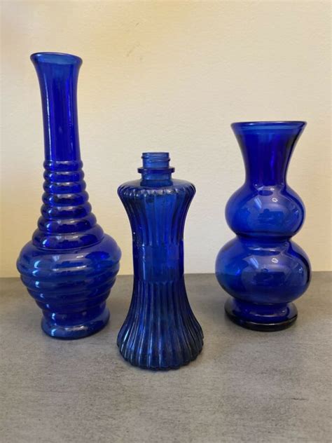 Lot Of 3 Cobalt Blue Glass Vases Vintage Lowell Tipp City Usa