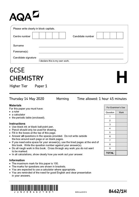aqa gcse chemistry higher tier paper    browsegrades