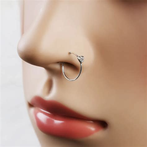 pair thin  crystal silver plated nose ring hoop stud sparkly crystal nose ring earrings