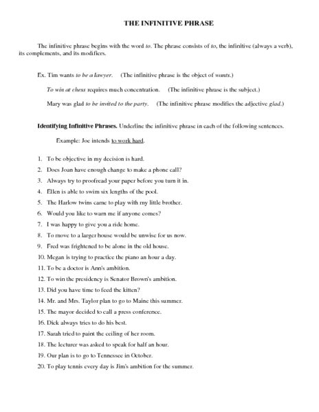infinitive phrases worksheet  worksheets samples