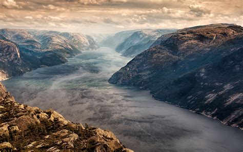 nature landscape norway fjord mist mountains clouds sunset nordic landscapes