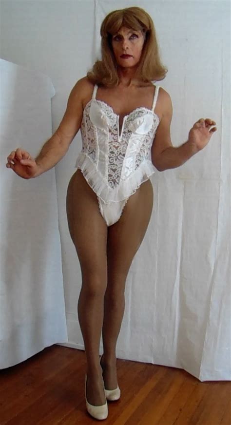 tgirl wearing vintage frederick s of hollywood white lace teddie classic dresser lingerie