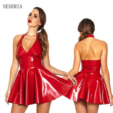 seseria sexy gothic club dress black red faux leather pleated pvc latex mini dress with zipper